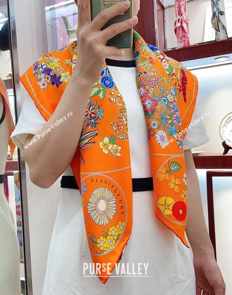 Hermes Flora Map Silk Square Scarf 90x90cm Orange 2024 (A-240710104)
