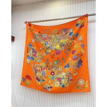 Hermes Flora Map Silk Square Scarf 90x90cm Orange 2024 (A-240710104)