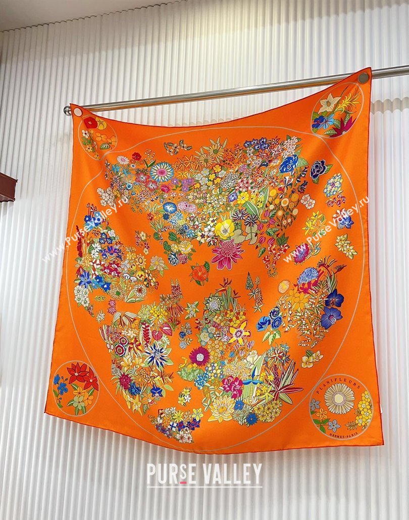 Hermes Flora Map Silk Square Scarf 90x90cm Orange 2024 (A-240710104)