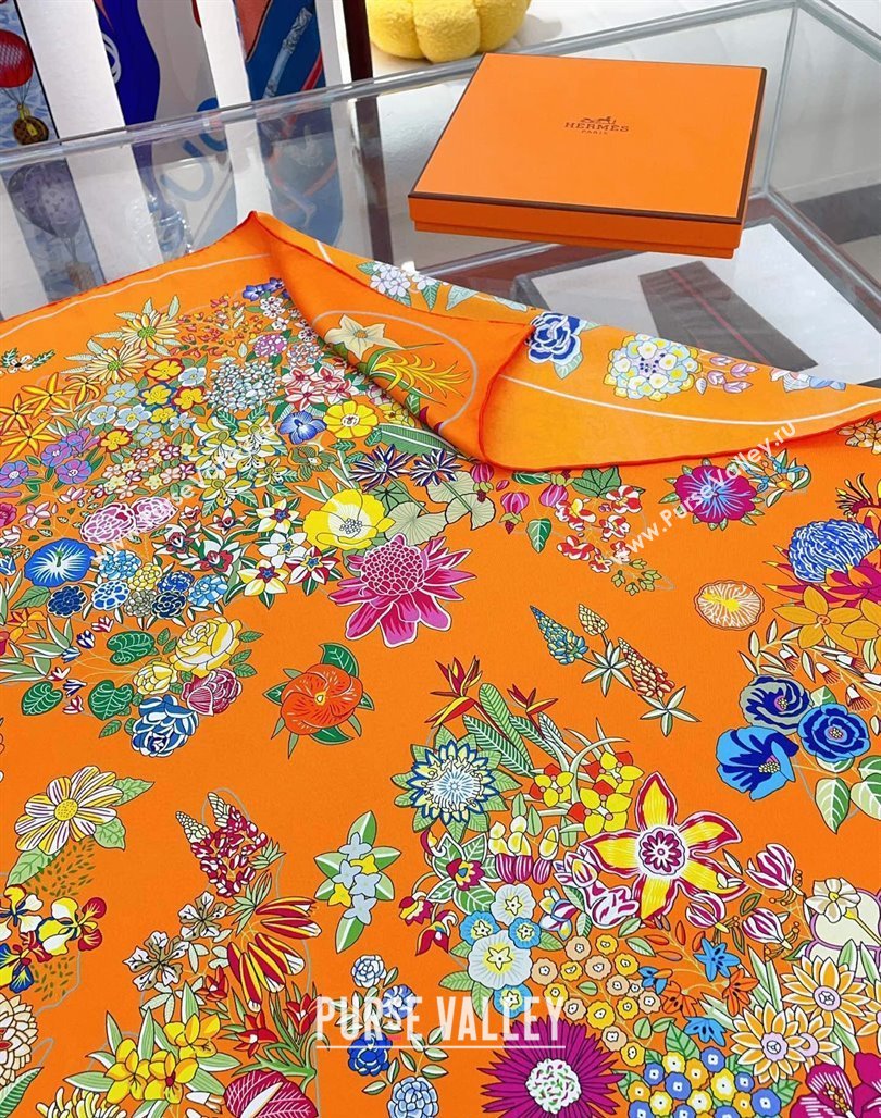 Hermes Flora Map Silk Square Scarf 90x90cm Orange 2024 (A-240710104)