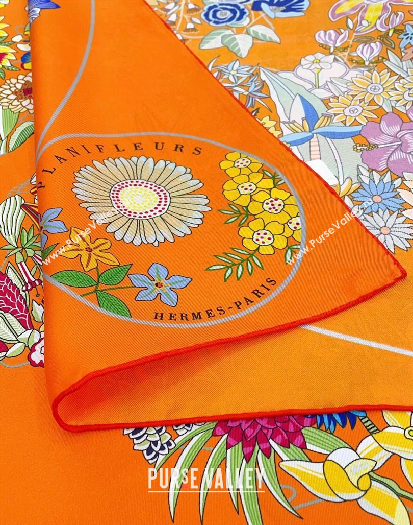 Hermes Flora Map Silk Square Scarf 90x90cm Orange 2024 (A-240710104)