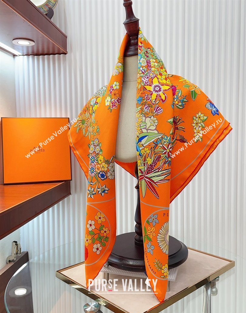 Hermes Flora Map Silk Square Scarf 90x90cm Orange 2024 (A-240710104)