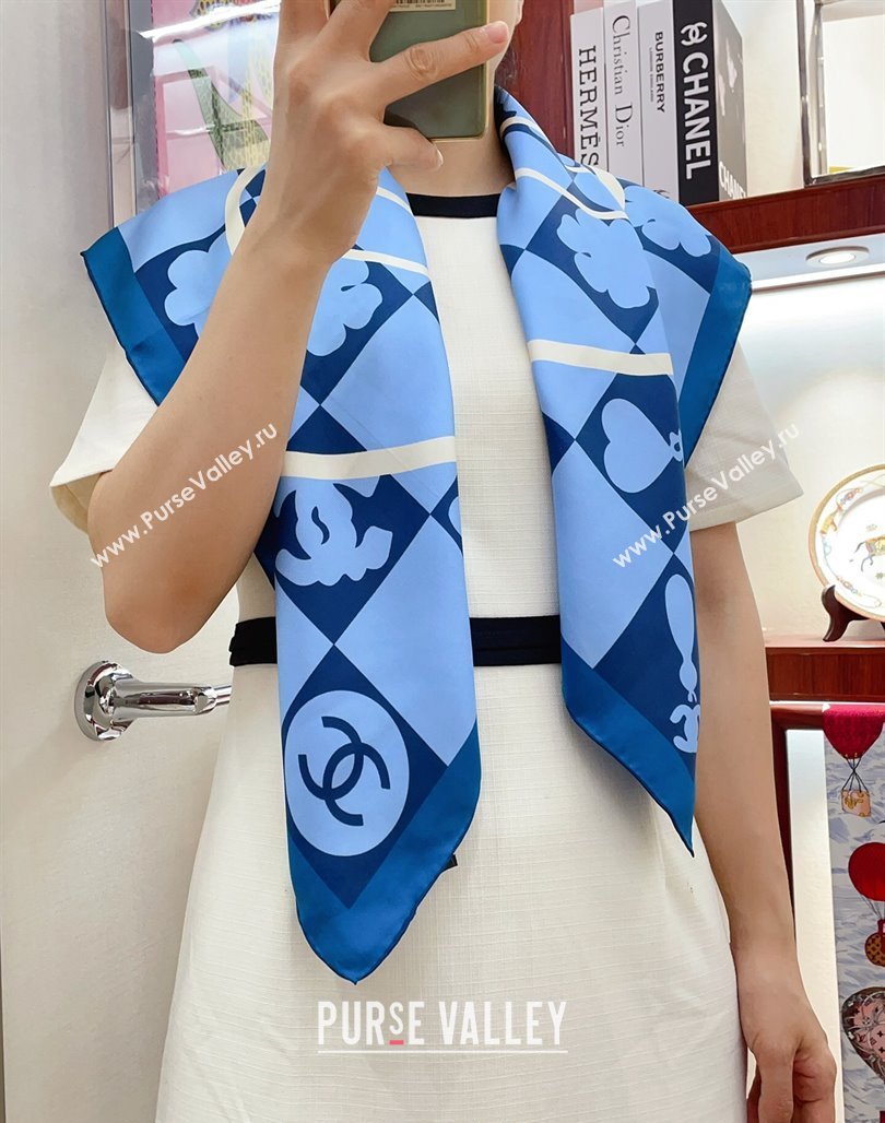 Chanel Silk Square Scarf 90x90cm Blue 2024 CH071001 (A-240710091)