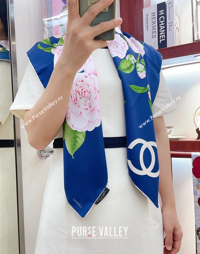 Chanel Flora Silk Square Scarf 90x90cm Blue 2024 CH0710 (A-240710092)