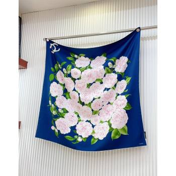 Chanel Flora Silk Square Scarf 90x90cm Blue 2024 CH0710 (A-240710092)