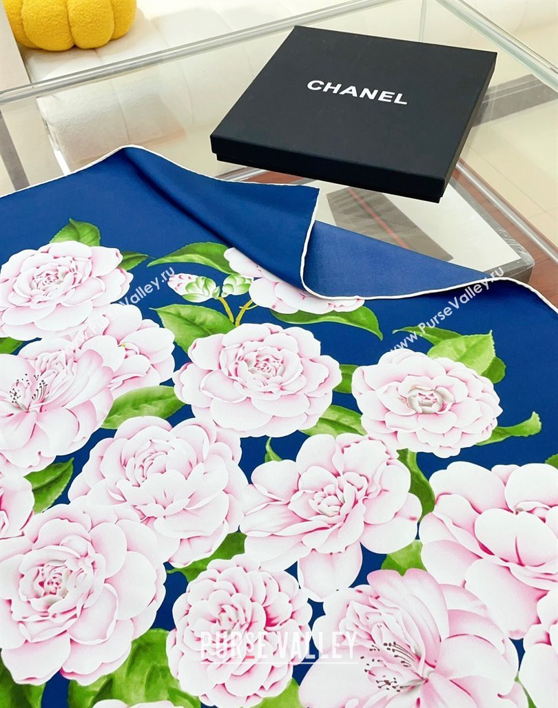 Chanel Flora Silk Square Scarf 90x90cm Blue 2024 CH0710 (A-240710092)