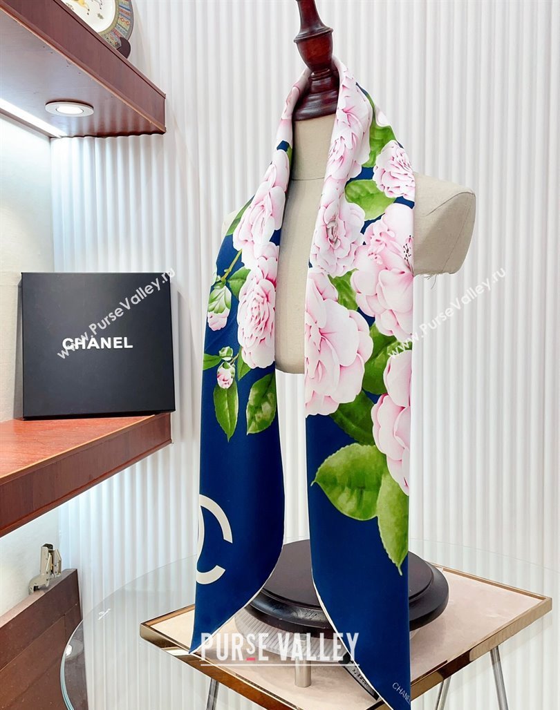 Chanel Flora Silk Square Scarf 90x90cm Blue 2024 CH0710 (A-240710092)