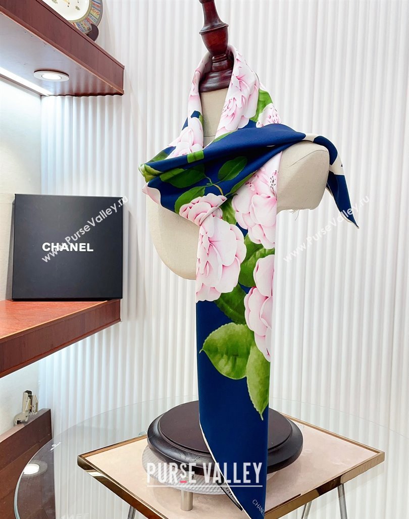 Chanel Flora Silk Square Scarf 90x90cm Blue 2024 CH0710 (A-240710092)