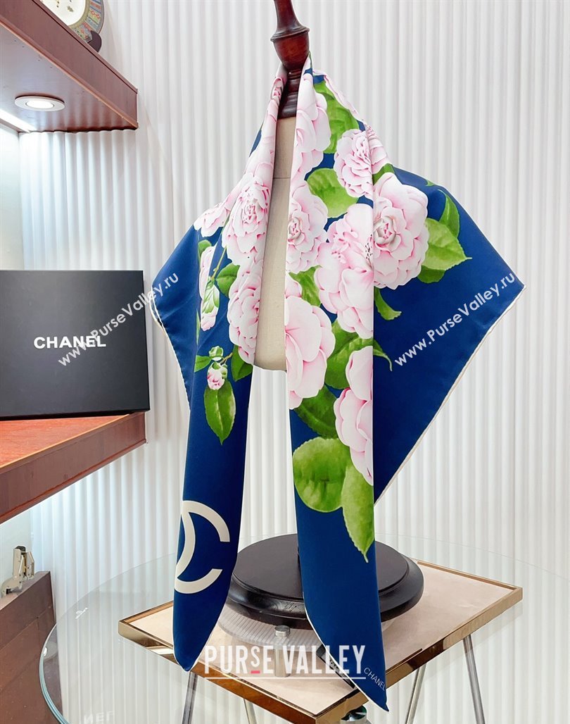 Chanel Flora Silk Square Scarf 90x90cm Blue 2024 CH0710 (A-240710092)