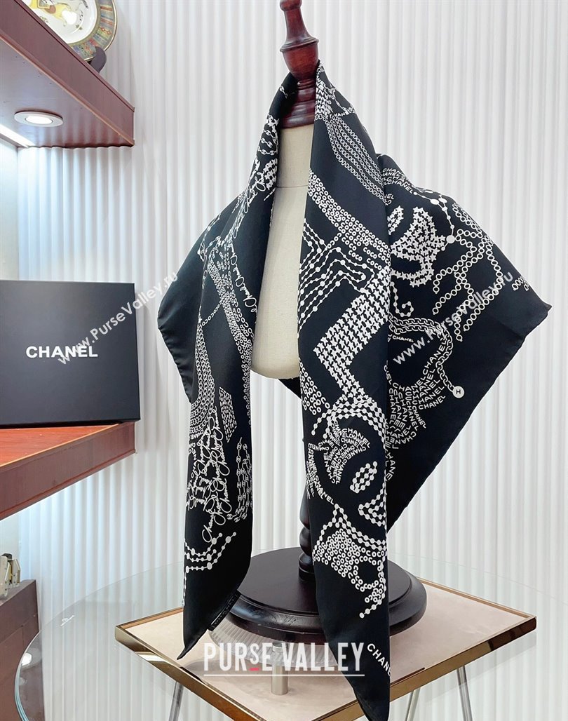 Chanel Silk Square Scarf 90x90cm Black 2024 CH071002 (A-240710096)