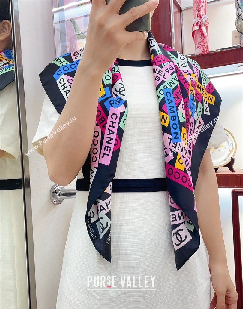 Chanel Silk Square Scarf 90x90cm Black 2024 AA9664 (A-240730129)