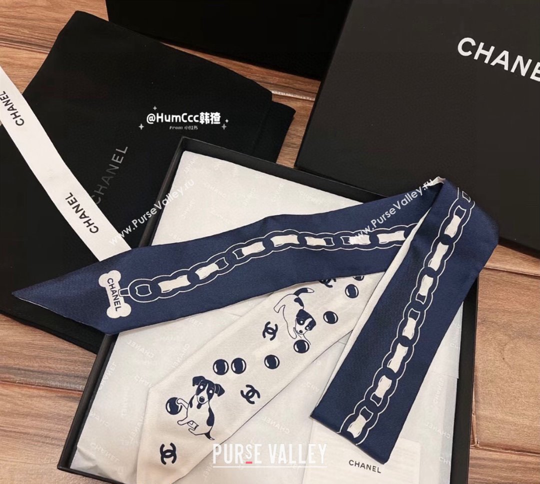 Chanel Dog Silk Bandeau Scarf 6x120cm Blue 2024 0730 (A-240730127)