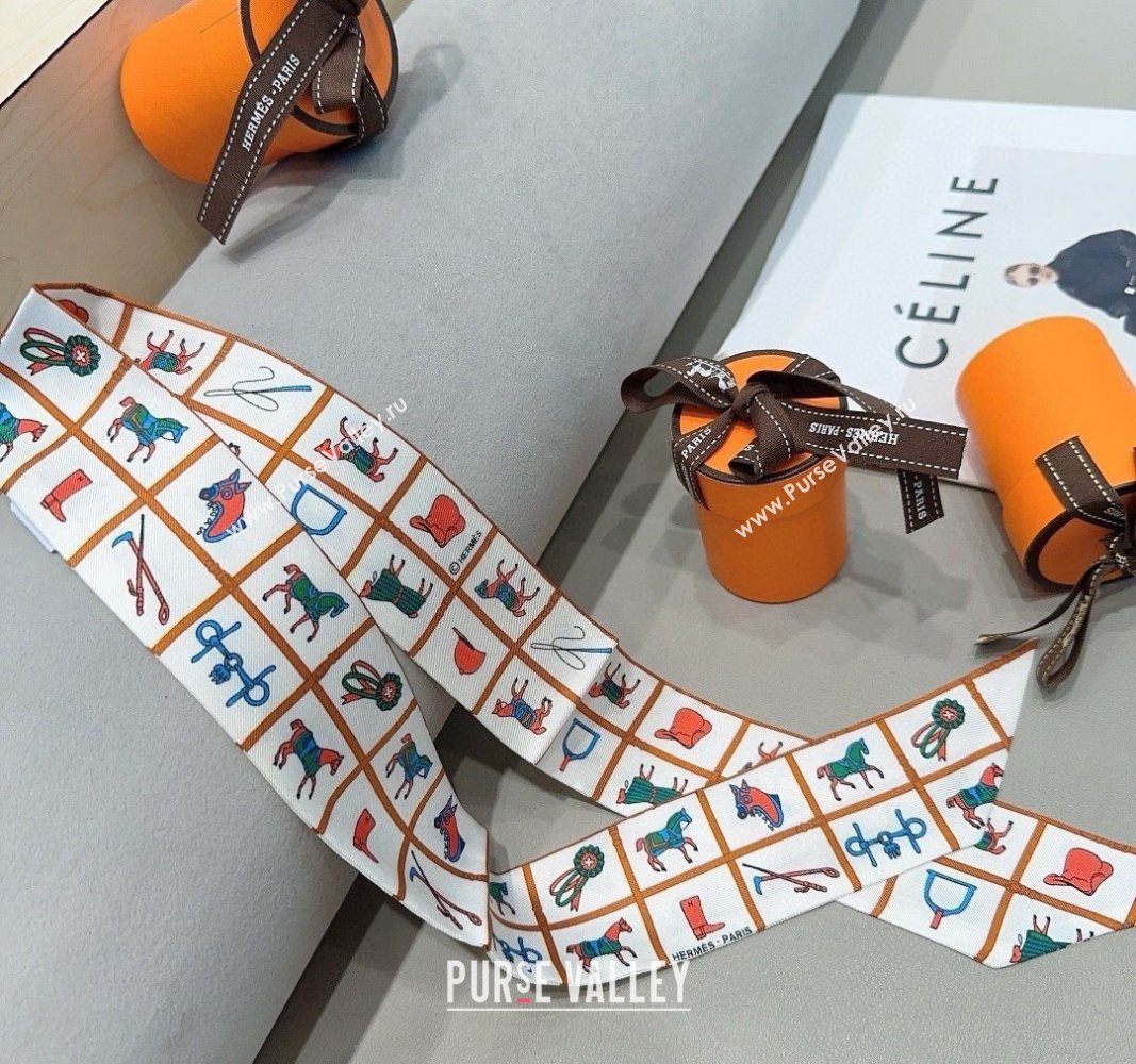 Hermes Logo Twilly Silk Bandeau Scarf 5x86cm White 2024 073001 (A-240730112)