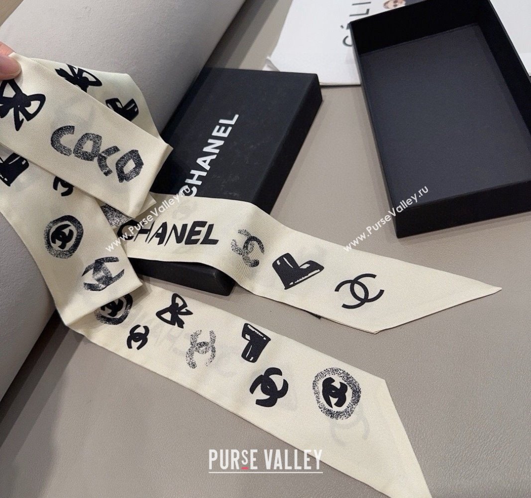 Chanel Print Silk Bandeau Scarf 6x120cm White 2024 CH082105 (XMN-240821072)