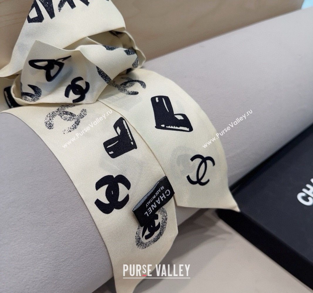 Chanel Print Silk Bandeau Scarf 6x120cm White 2024 CH082105 (XMN-240821072)