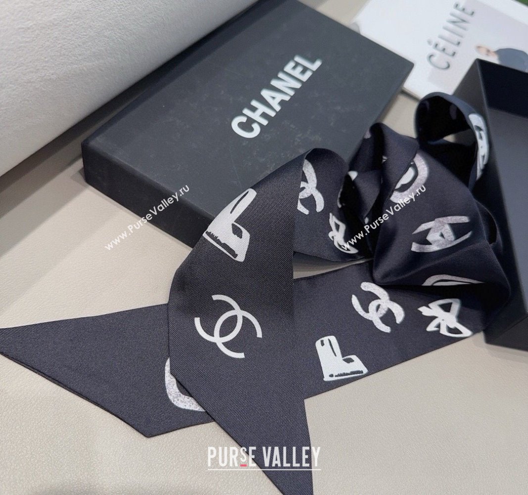 Chanel Print Silk Bandeau Scarf 6x120cm Black 2024 CH082105 (XMN-240821073)