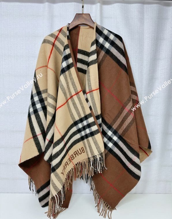 Burberry Contrast Check Wool Cashmere Cape 140x140cm Brown 2024 0821 (A-240821104)