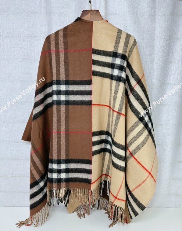 Burberry Contrast Check Wool Cashmere Cape 140x140cm Brown 2024 0821 (A-240821104)