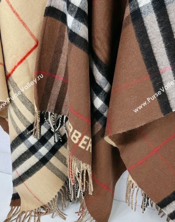 Burberry Contrast Check Wool Cashmere Cape 140x140cm Brown 2024 0821 (A-240821104)