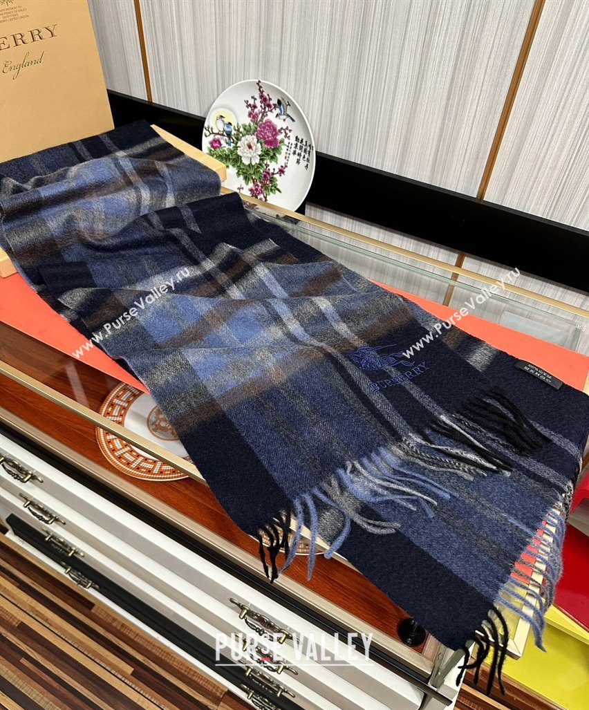 Burberry Check Cashmere Long Scarf 32x180 Dark Blue 2024 082113 (A-240821121)