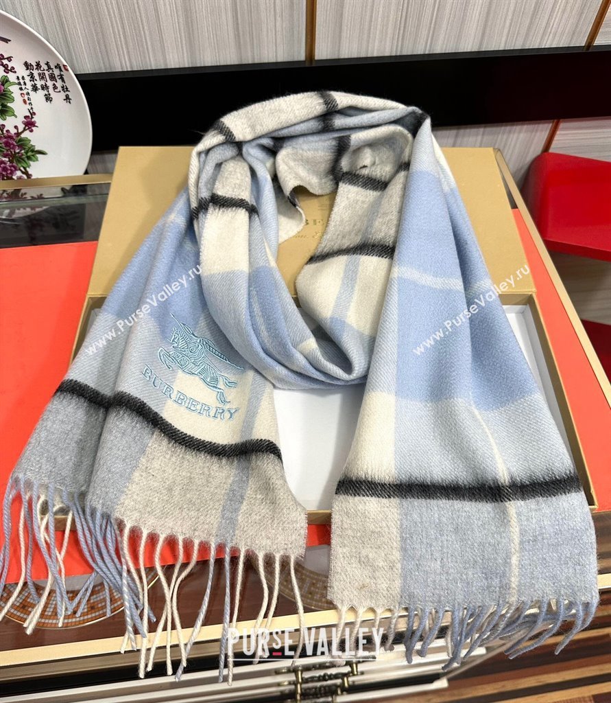 Burberry Check Cashmere Long Scarf 32x180 Light Blue 2024 082114 (A-240821122)