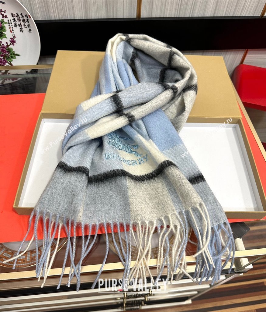 Burberry Check Cashmere Long Scarf 32x180 Light Blue 2024 082114 (A-240821122)