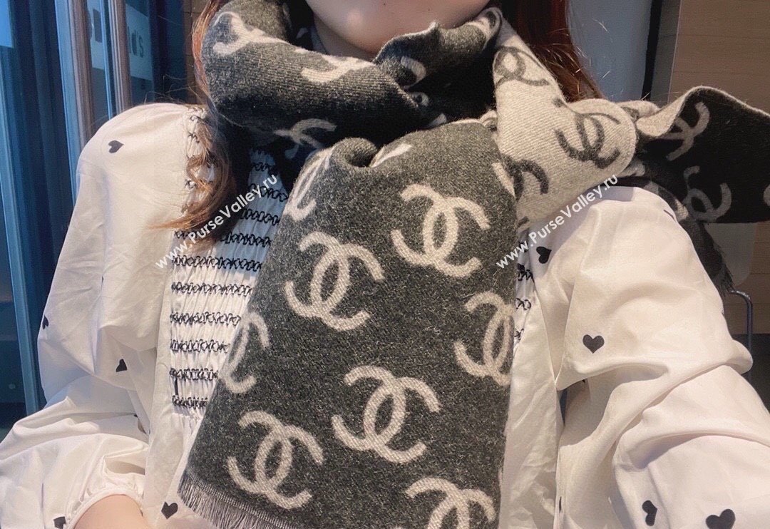 Chanel CC Long Scarf 35x180cm Grey/Black 2024 0912 (XMN-240912104)