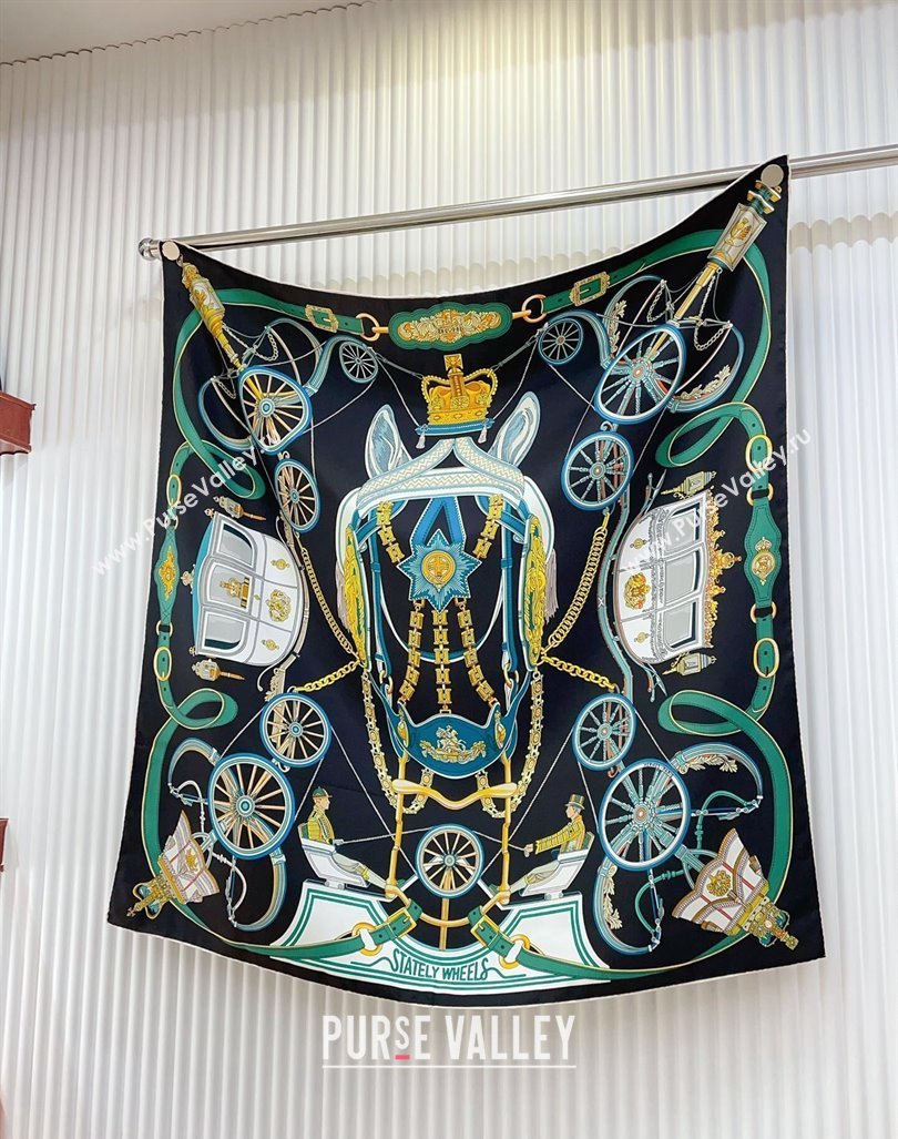 Hermes Stately Wheels Silk Square Scarf 90x90cm Black 2024 (A-240912125)