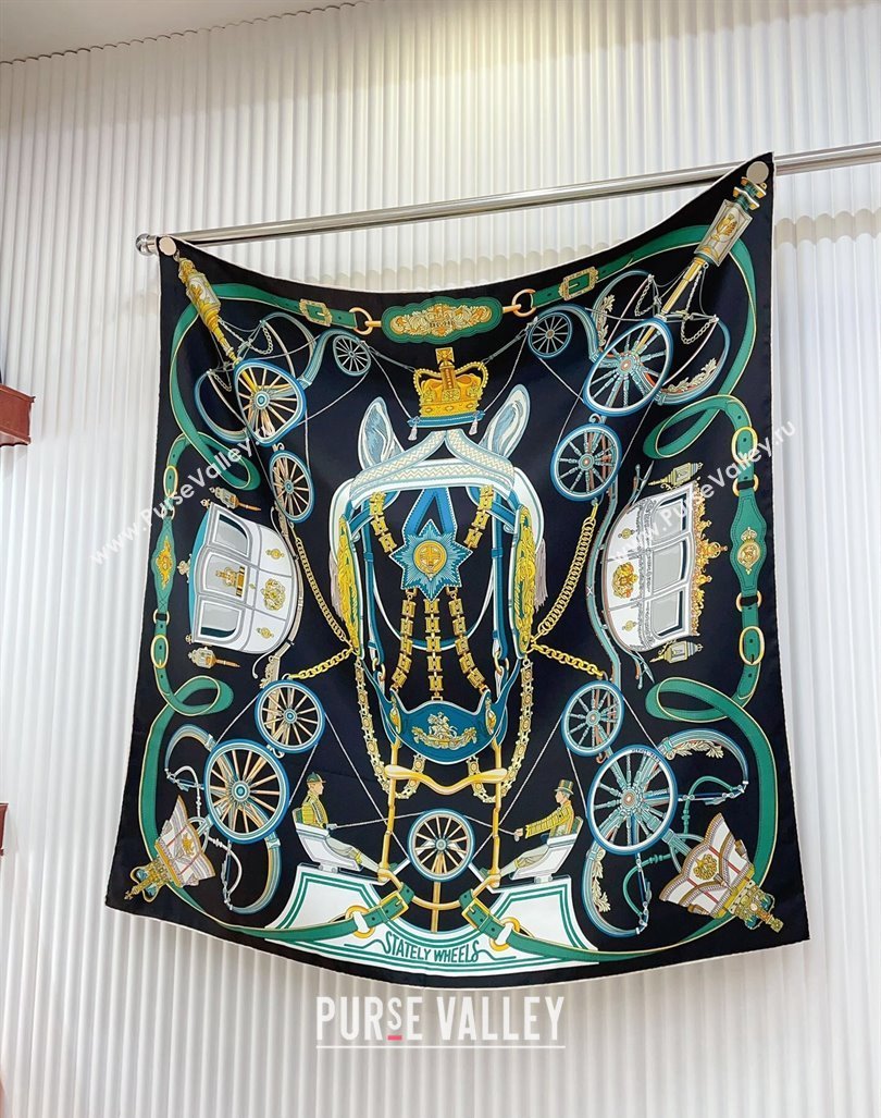 Hermes Stately Wheels Silk Square Scarf 90x90cm Black 2024 (A-240912125)