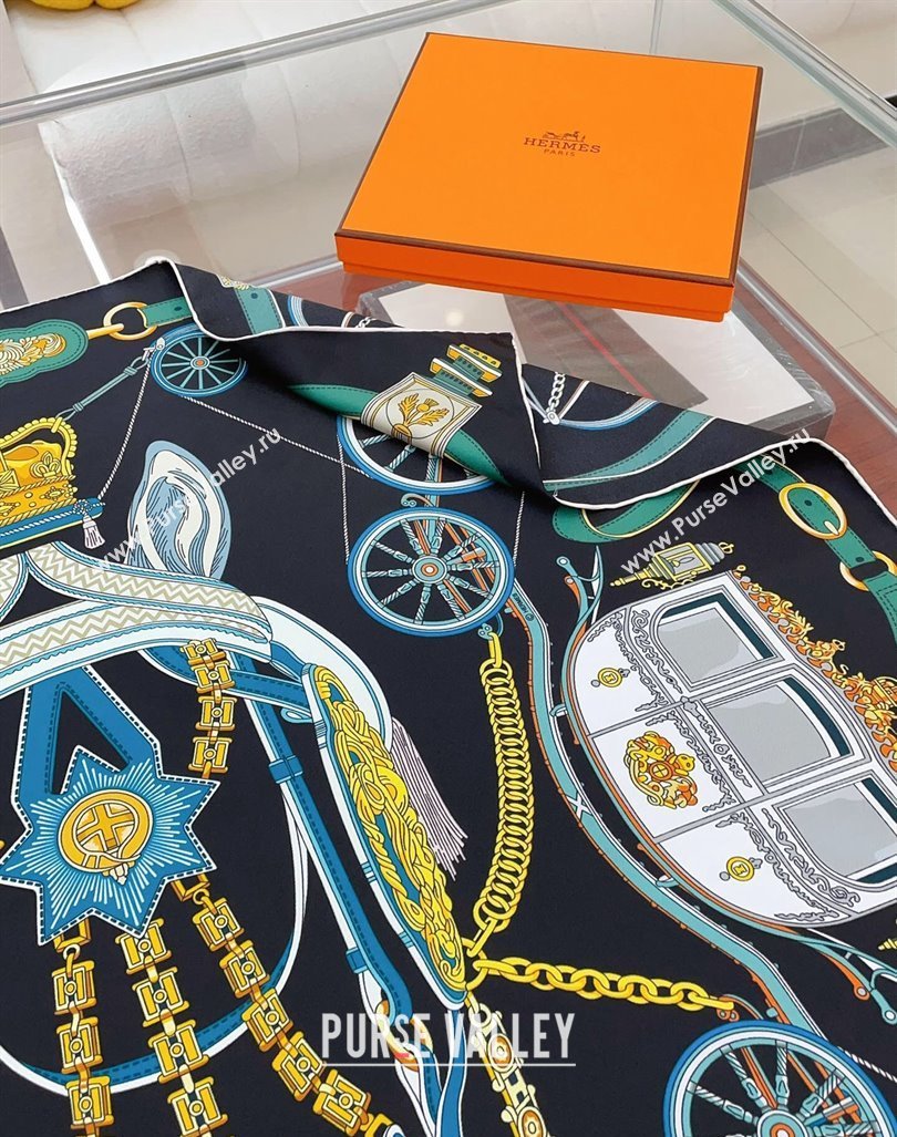 Hermes Stately Wheels Silk Square Scarf 90x90cm Black 2024 (A-240912125)