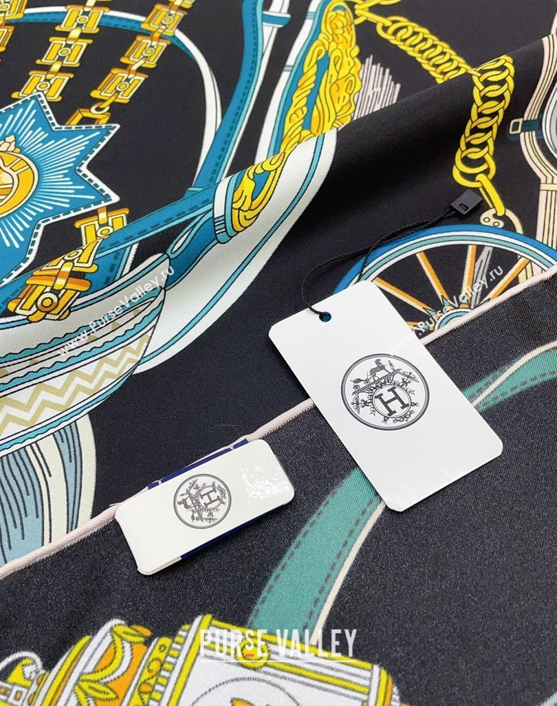 Hermes Stately Wheels Silk Square Scarf 90x90cm Black 2024 (A-240912125)