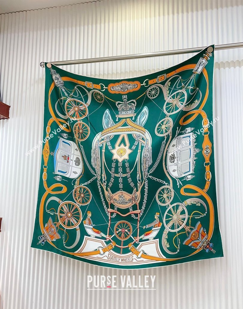 Hermes Stately Wheels Silk Square Scarf 90x90cm Green 2024 (A-240912127)