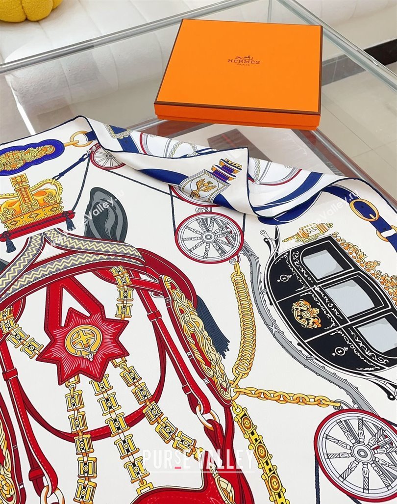 Hermes Stately Wheels Silk Square Scarf 90x90cm White 2024 (A-240912128)