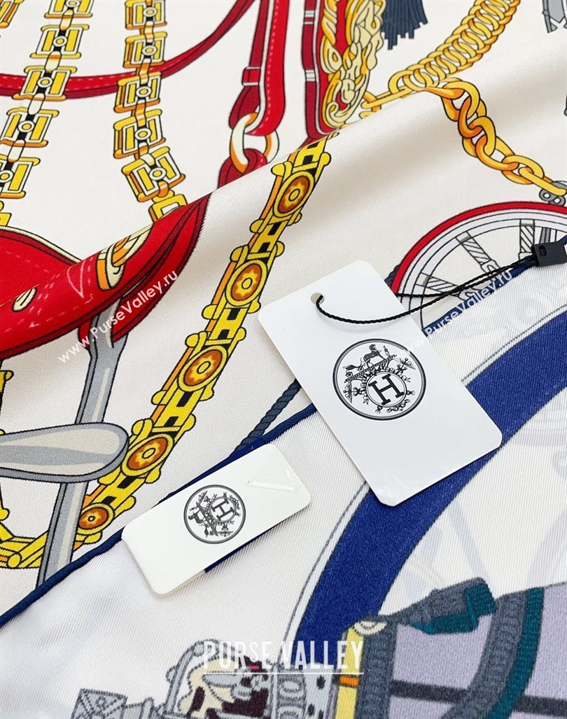 Hermes Stately Wheels Silk Square Scarf 90x90cm White 2024 (A-240912128)