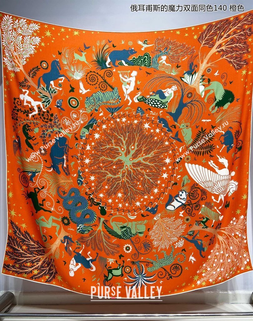 Hermes Sous le Charme dOrphee Cashmere Shawl Scarf 140cm Orange 2024 (A-240913002)