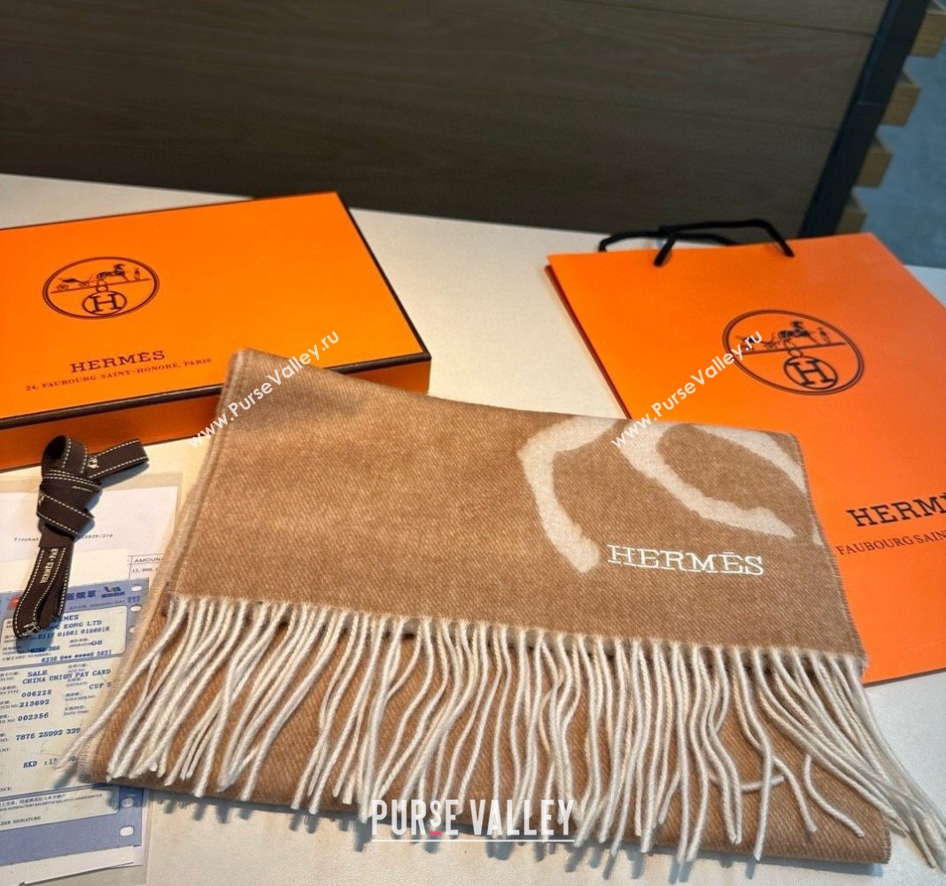 Hermes Horse Wool Long Scarf 30x180cm Light Brown 2024 1021004 (A-241021012)