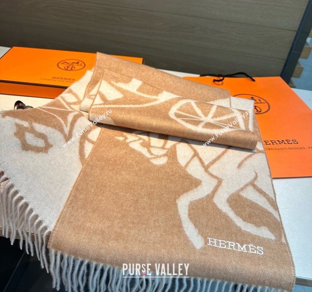 Hermes Horse Wool Long Scarf 30x180cm Light Brown 2024 1021004 (A-241021012)