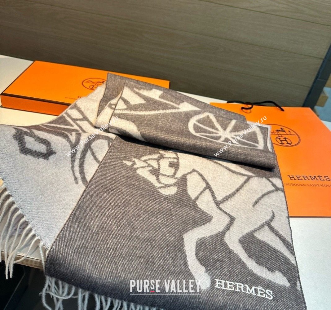 Hermes Horse Wool Long Scarf 30x180cm Dark Grey 2024 1021004 (A-241021013)