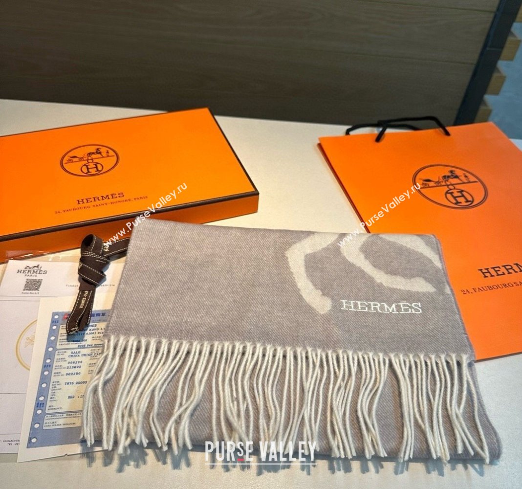 Hermes Horse Wool Long Scarf 30x180cm Light Grey 2024 1021004 (A-241021014)