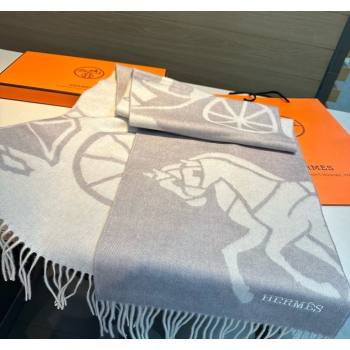 Hermes Horse Wool Long Scarf 30x180cm Light Grey 2024 1021004 (A-241021014)