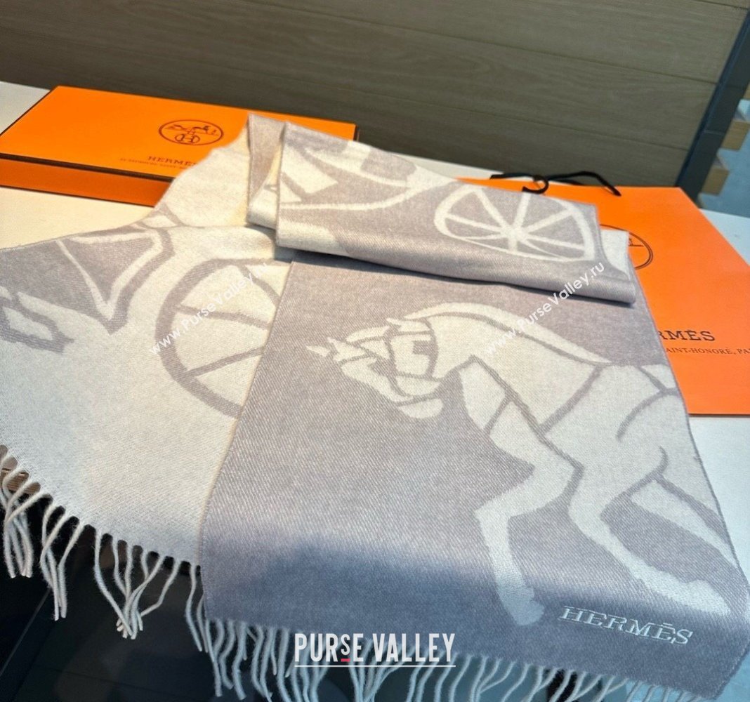 Hermes Horse Wool Long Scarf 30x180cm Light Grey 2024 1021004 (A-241021014)