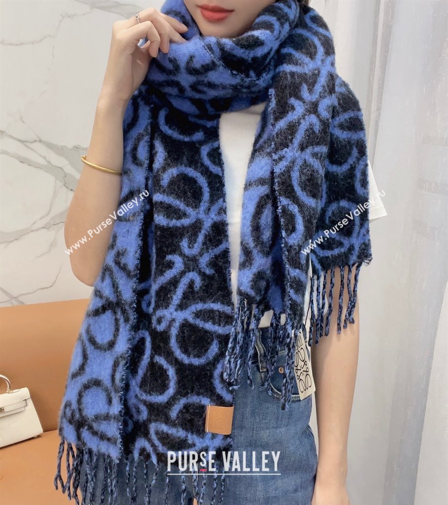 Loewe Anagram Wool and Alpaca Fur Long Scarf 36x186cm Blue/Black 2024 LW102101 (A-241021081)