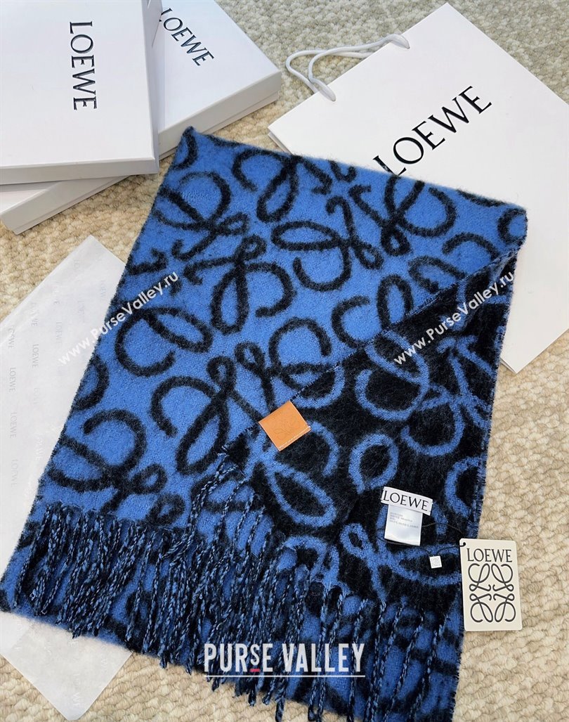 Loewe Anagram Wool and Alpaca Fur Long Scarf 36x186cm Blue/Black 2024 LW102101 (A-241021081)