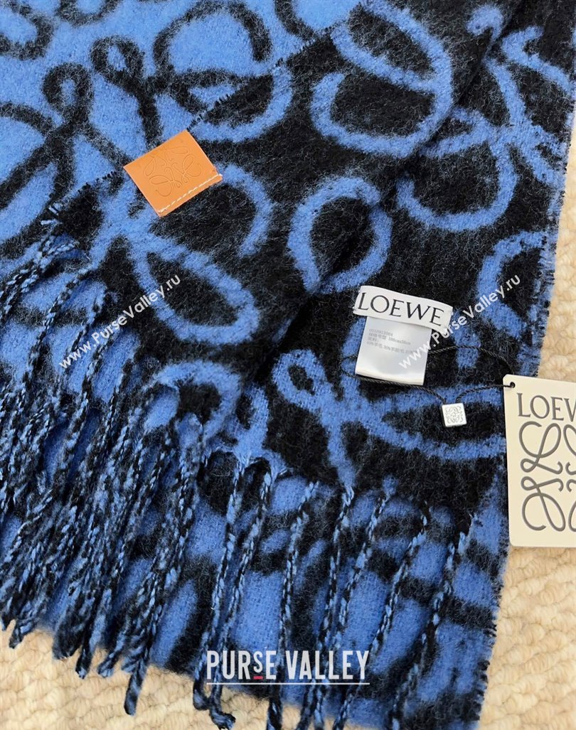 Loewe Anagram Wool and Alpaca Fur Long Scarf 36x186cm Blue/Black 2024 LW102101 (A-241021081)