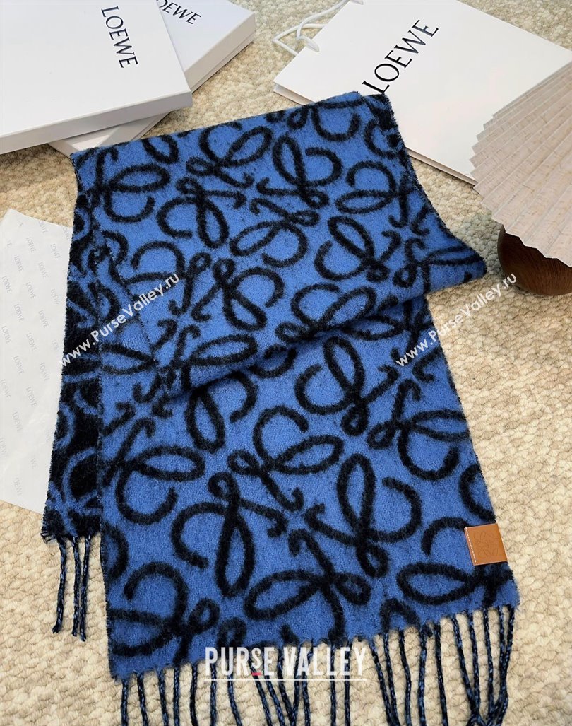 Loewe Anagram Wool and Alpaca Fur Long Scarf 36x186cm Blue/Black 2024 LW102101 (A-241021081)