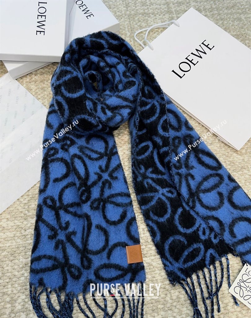 Loewe Anagram Wool and Alpaca Fur Long Scarf 36x186cm Blue/Black 2024 LW102101 (A-241021081)