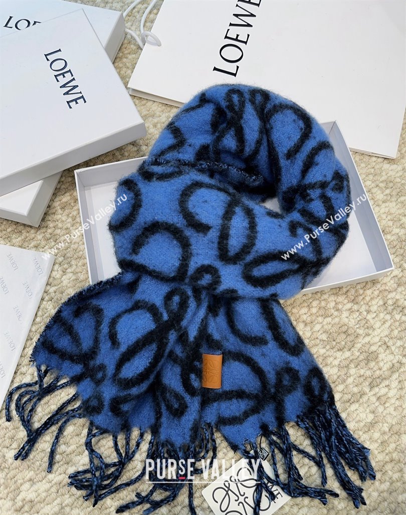 Loewe Anagram Wool and Alpaca Fur Long Scarf 36x186cm Blue/Black 2024 LW102101 (A-241021081)