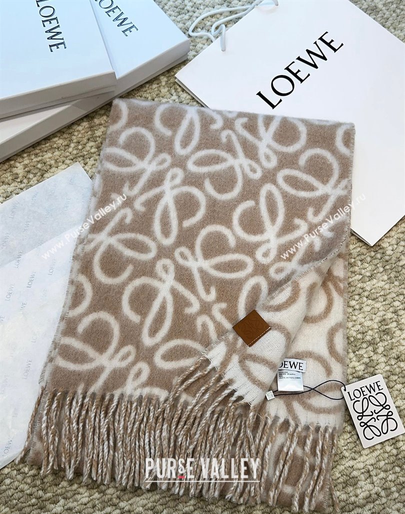 Loewe Anagram Wool and Alpaca Fur Long Scarf 36x186cm Light Brown 2024 LW102101 (A-241021083)