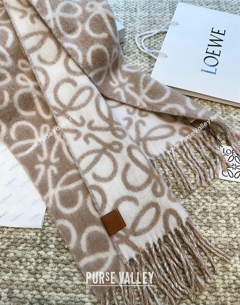 Loewe Anagram Wool and Alpaca Fur Long Scarf 36x186cm Light Brown 2024 LW102101 (A-241021083)