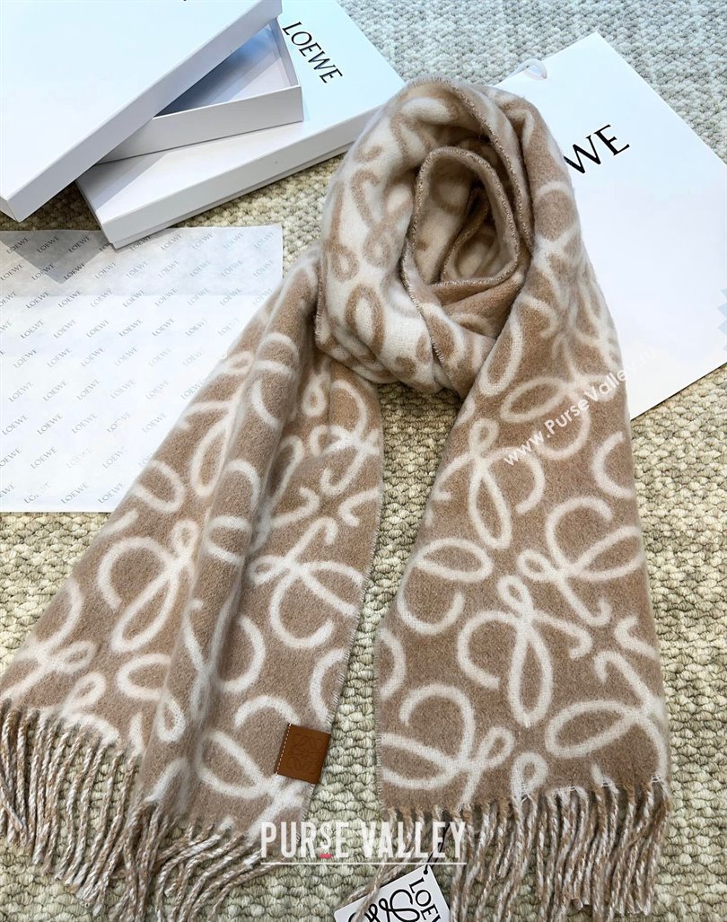 Loewe Anagram Wool and Alpaca Fur Long Scarf 36x186cm Light Brown 2024 LW102101 (A-241021083)